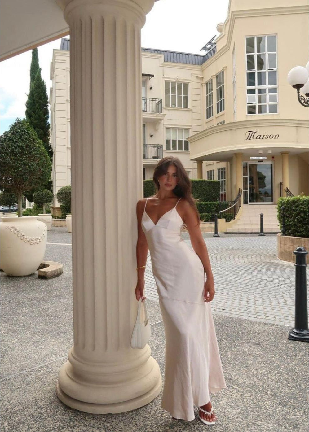 Billy J Boutique Helena Maxi Dress in Champagne, Size 8. Polyester material. Perfect for formal events. Zip up back. Front on full length view of dress.