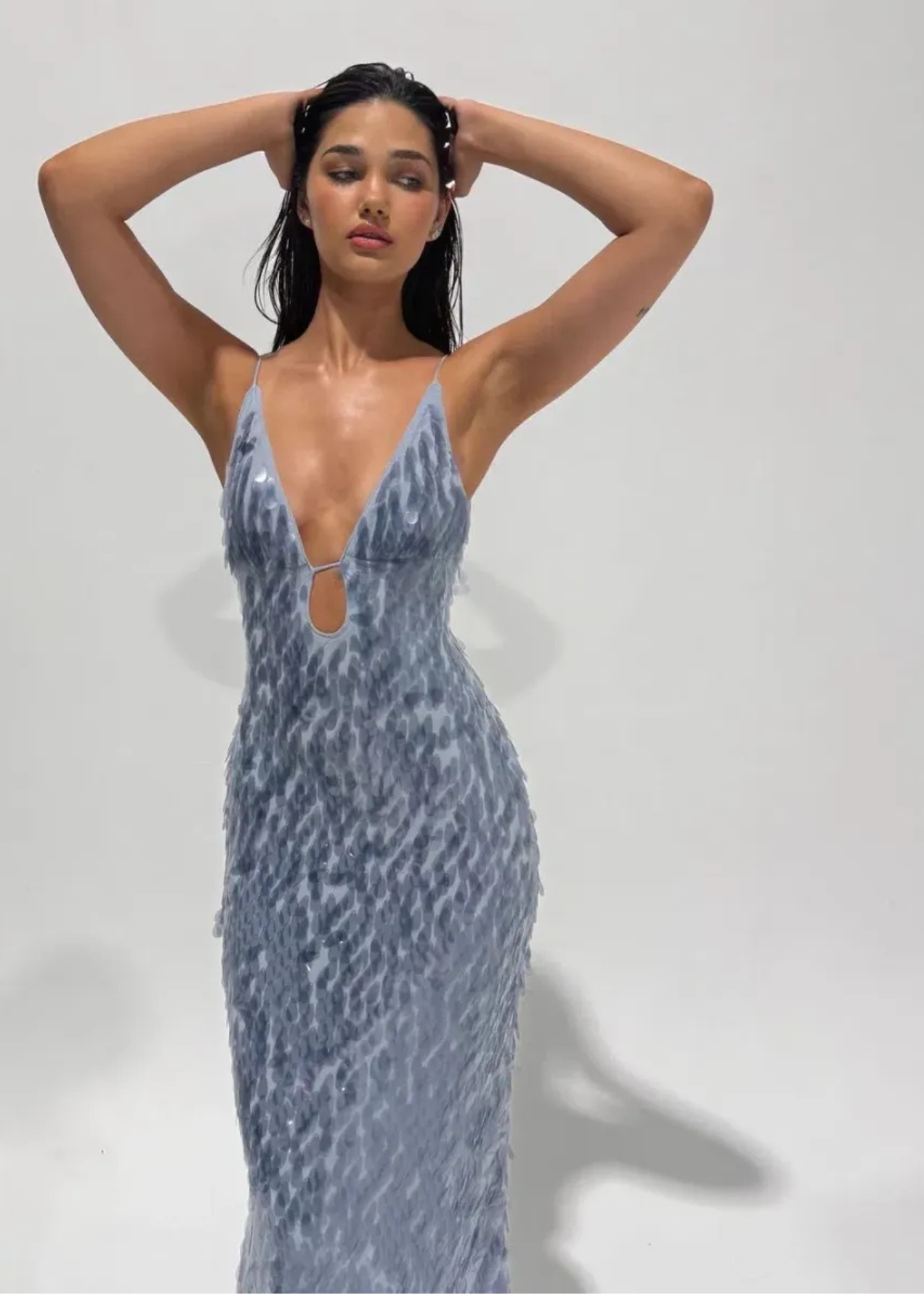 Misha Sapphire Sequin Dress in Dove Grey SB Dress Hire Misha Sapphire Sequin Dress in Dove Grey SB Dress Hire