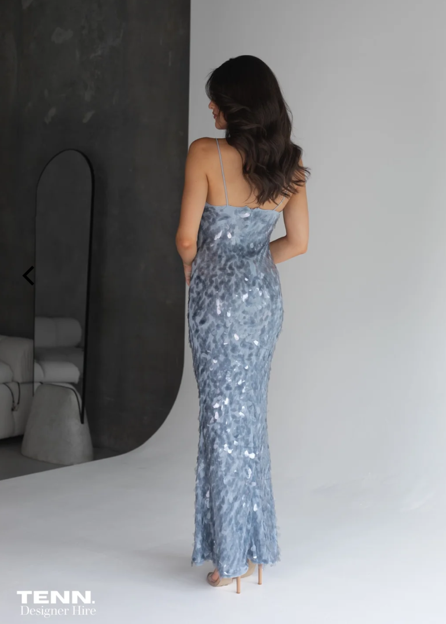 Misha Sapphire Sequin Dress in Dove Grey SB Dress Hire Misha Sapphire Sequin Dress in Dove Grey SB Dress Hire