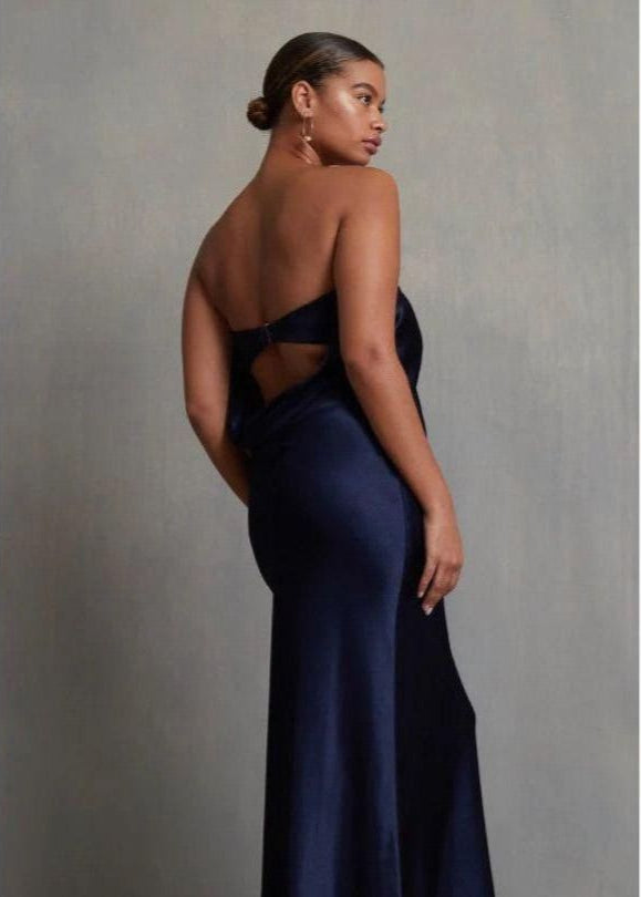 Bec and Bridge Moondance Midi Dress in Navy, Size 14. Perfect for events like formals, 21sts, races etc. Viscose Material with a Silky/Satiny feel slight flow to dress. Back side view of dress. 