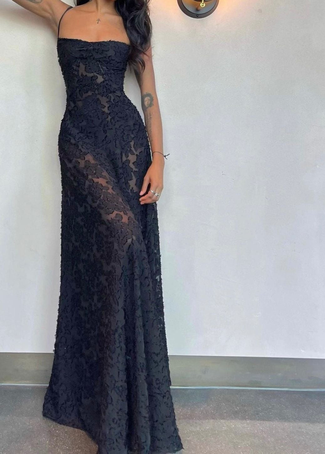 House of CB Seren Maxi Dress in Black, Size XS and L. Perfect for formal events. Lace up back and zip at bottom of lace up.. Semi sheer fabric with a doubled lined bust. Front on full length up close view of dress