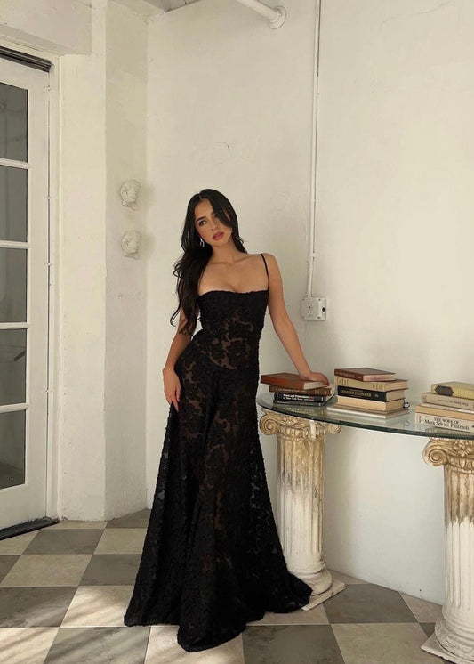 House of CB Seren Maxi Dress in Black, Size XS and L. Perfect for formal events. Lace up back and zip at bottom of lace up.. Semi sheer fabric with a doubled lined bust. Front on full length view of dress