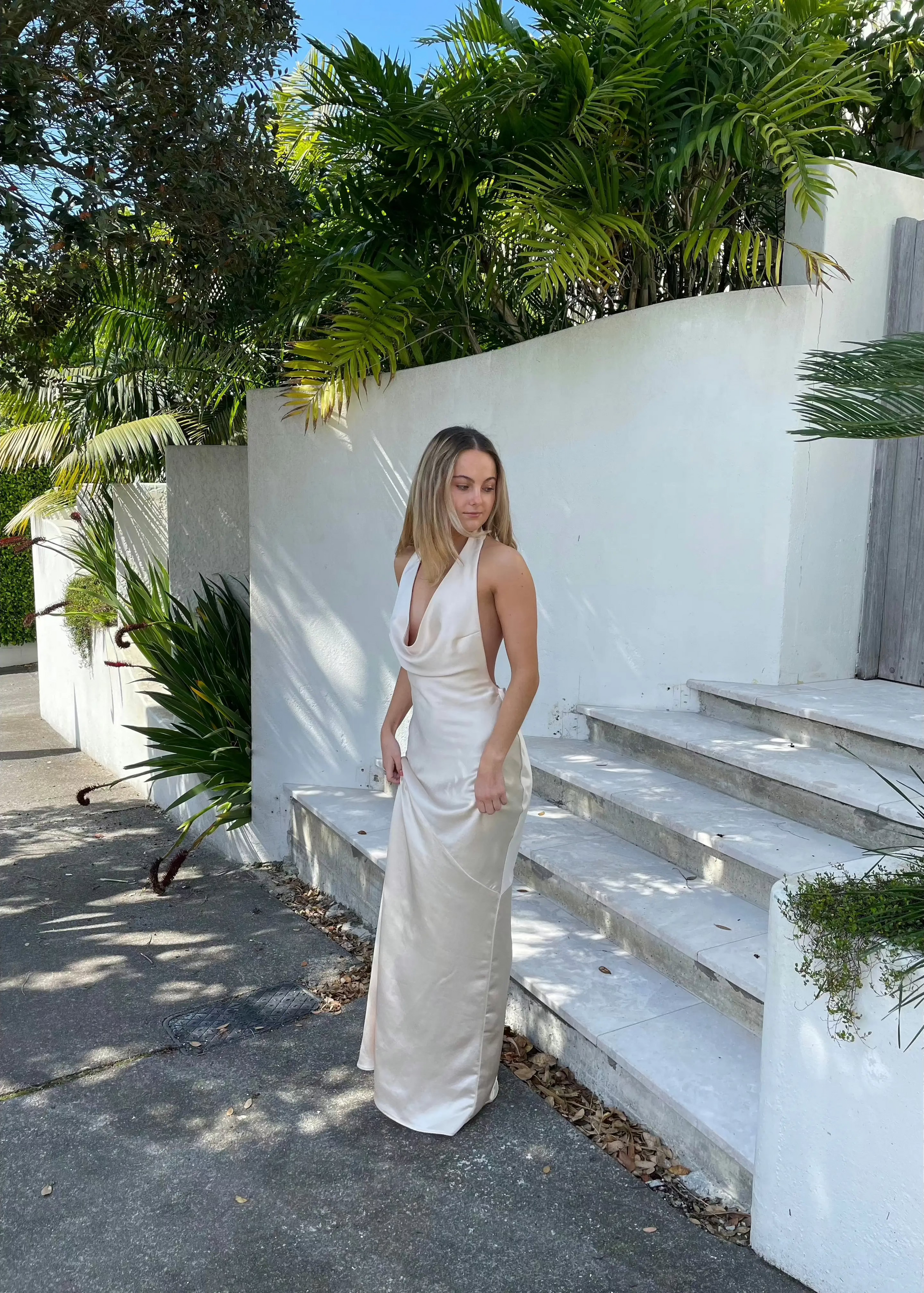 Arcina Ori Daniella Maxi in Ivory, Size XS. Open back with tie at bottom of back. Front side view of dress