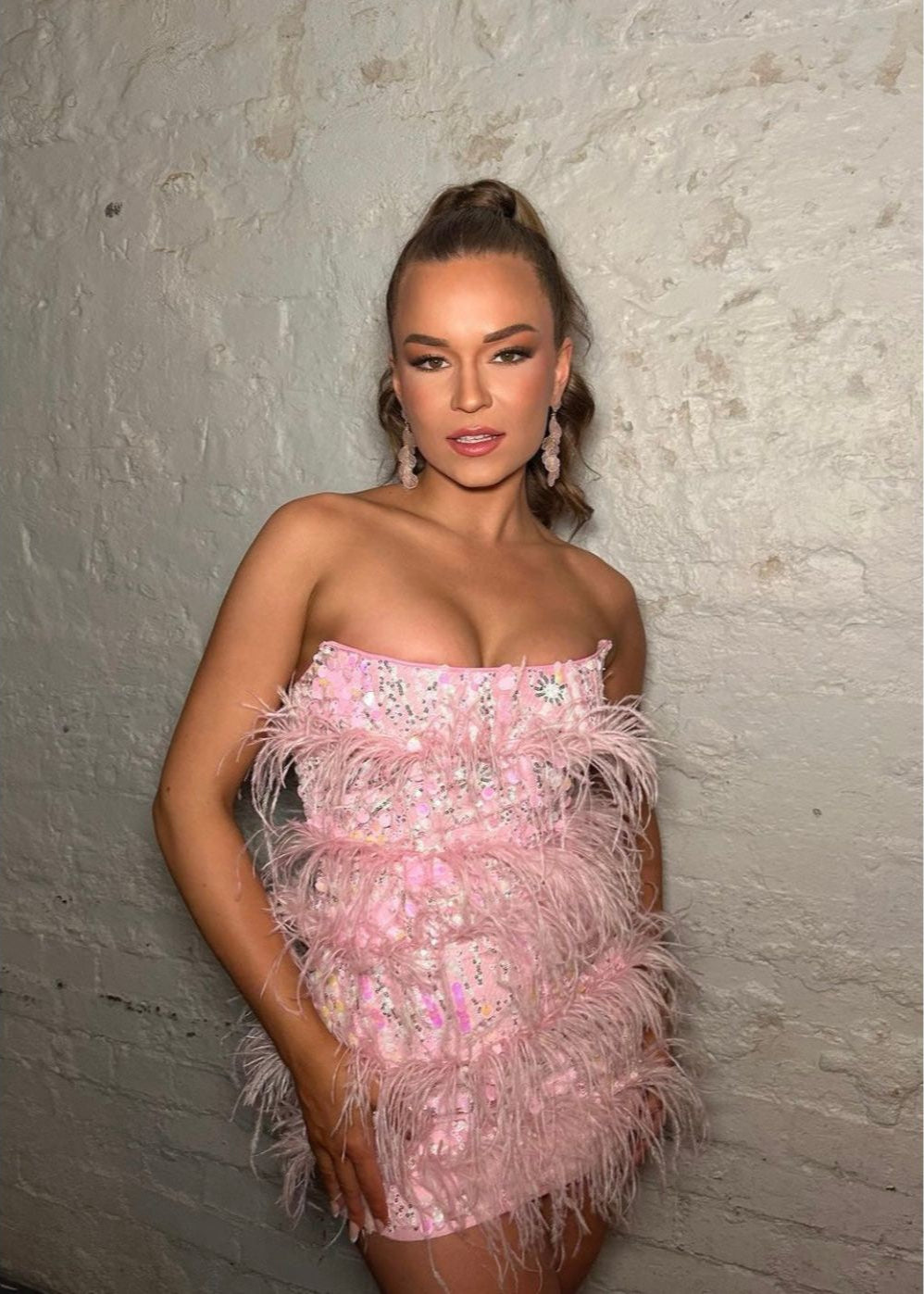 Eliya the Label Tiffany Mini in Pink, Size 8/S. Featuring feathers and sequins this is a dress to stand out in. Zip up back with corset boning in dress. Front on side view of dress
