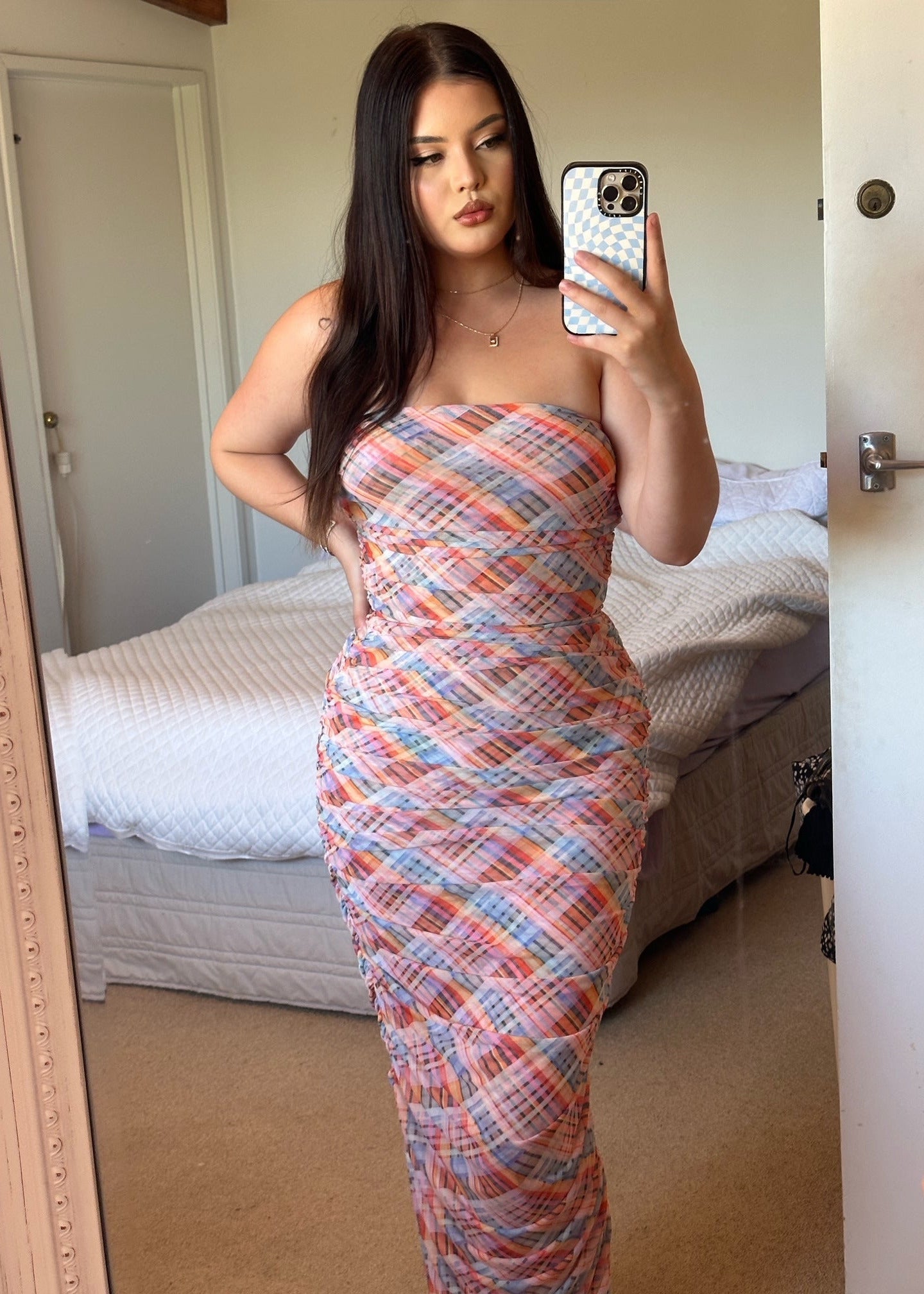 Ruby Cherry Mesh Strapless Tube Dress, Size 12. Candy tartan mesh print with gathered side seams that create ruching that gently accentuate the contours of your silhouette. Perfect for races, weddings, formals, wineries etc. Front view of dress.