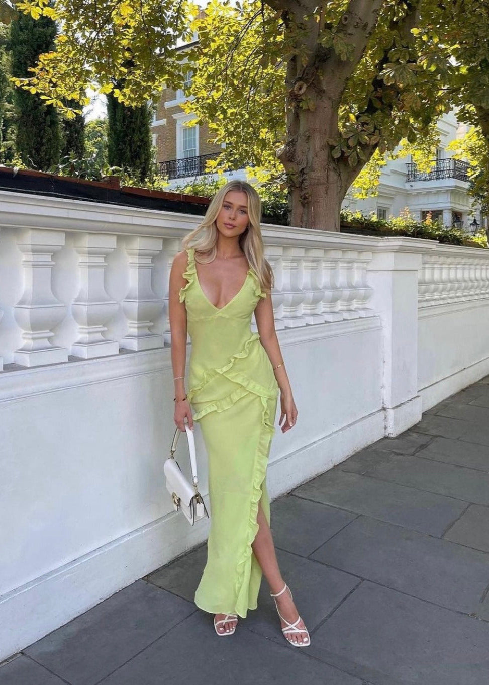 House of CB Pixie Maxi Dress in Green, Size S. Featuring straps with a v cut into the bust and some frill details on the dress. Perfect for formals, races, wineries, bottomless brunch etc. Zip up side. Front on full length view of dress