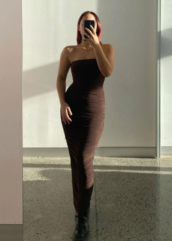 Ruby Ginni Mesh Tube in Chocolate Brown, Size 8. Featuring a strapless design with gathered side seams that create ruching that gently accentuate the contours of your silhouette. Perfect for formals, weddings, races, wineries, birthdays etc. Front on full length view of dress.
