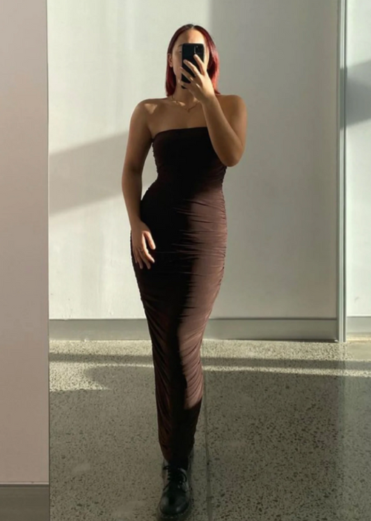 Ruby Ginni Mesh Tube in Chocolate Brown, Size 8. Featuring a strapless design with gathered side seams that create ruching that gently accentuate the contours of your silhouette. Perfect for formals, weddings, races, wineries, birthdays etc. Front on full length view of dress.