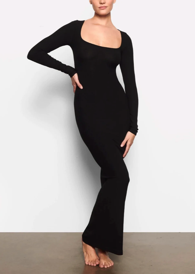 SKIMS Long Sleeve Slip Maxi Dress in Black, Size S. Featuring a Front Square Neckline, Maxi Length, Comfortable, Body-Hugging Fit, Ribbed Fabric Detail. Can be dressed up or down. Front on full length view of dress.