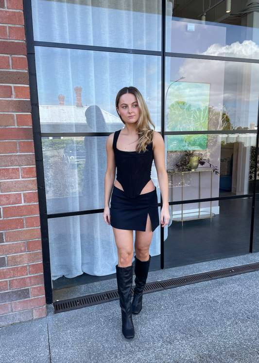 Miaou Campbell Corset and Micro Mini Skirt Set, Size S. Featuring a zip up back on corset and skirt which also has a small side split. This micro mini is very small. Top can be rented separately. Perfect for festivals, 18th's, bottomless brunch etc. Front on full view of set.