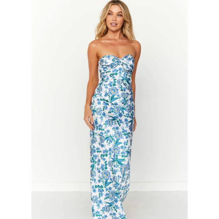 Ashley Floral Strapless Dress, Size 14/10. White background with blue and green floral patterning.. Perfect for a casual or formal event. Front on view of dress. 