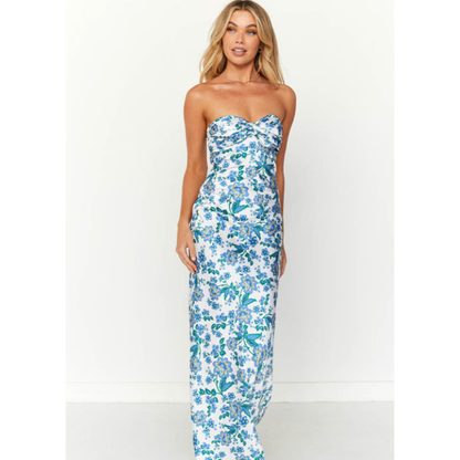Ashley Floral Strapless Dress, Size 14/10. White background with blue and green floral patterning.. Perfect for a casual or formal event. Front on view of dress. 